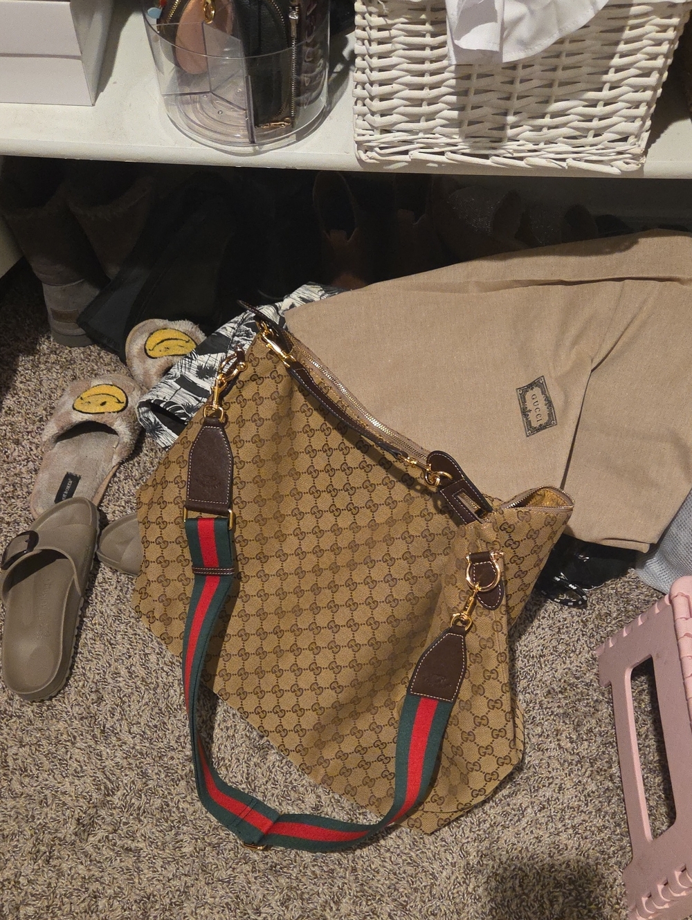 GG Brown Monogram Tote with Green-Red Web Strap